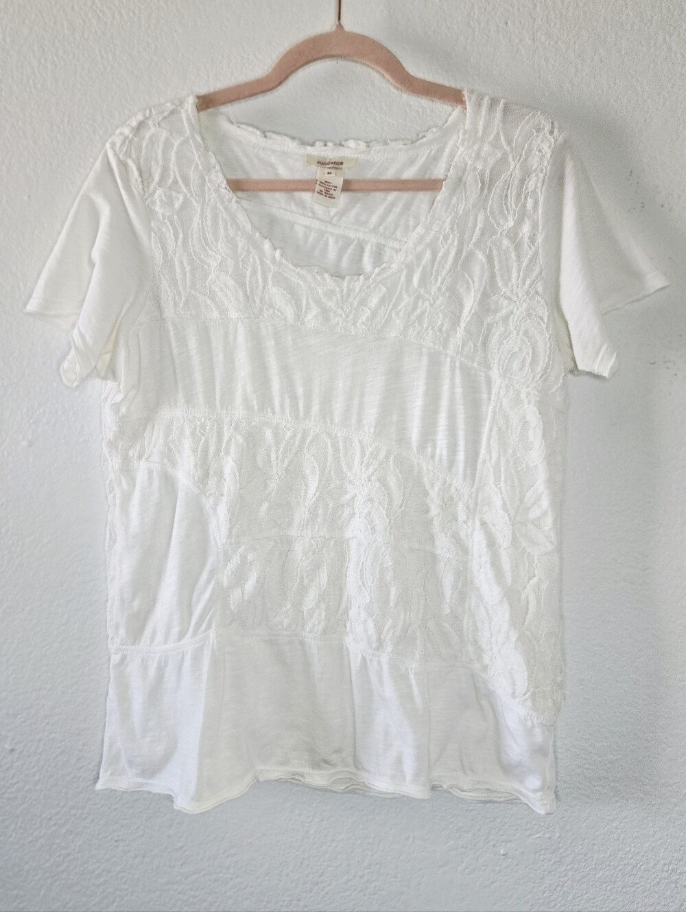 Sundance White Lace-Panel Short Sleeve 100% Cotton Tee Medium